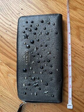 Coach Black Leather Star Cutout Studded Accordion Zip Around Wallet